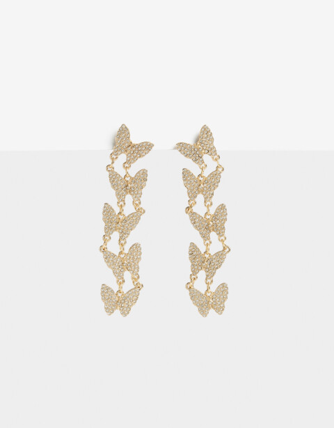 Aros Colgantes Largos Strass Aros Largos Mariposas Strass - Dorado