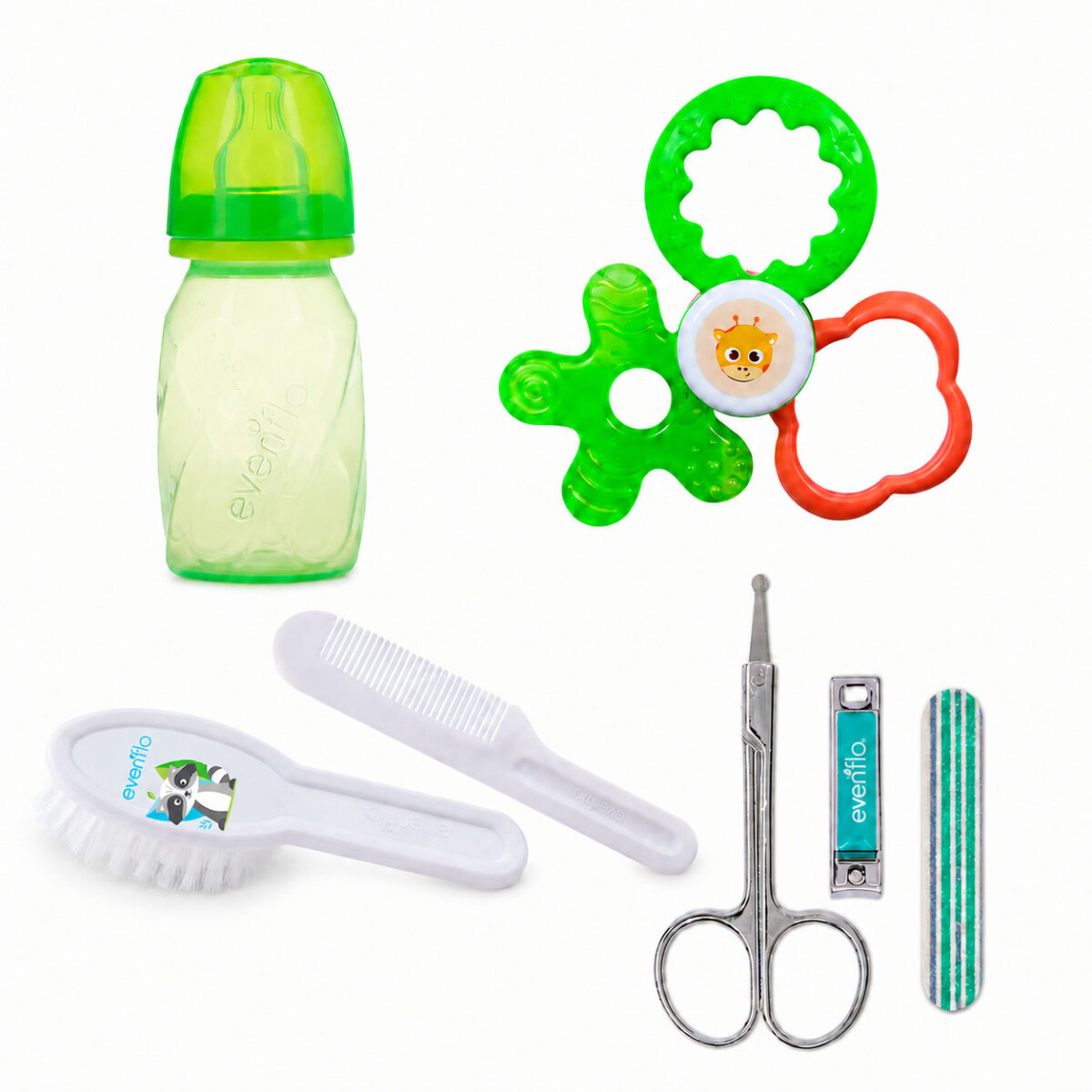 Set Evenflo Mamadera +Mordillo + Peine Cepillo +Set Manicure - Verde 