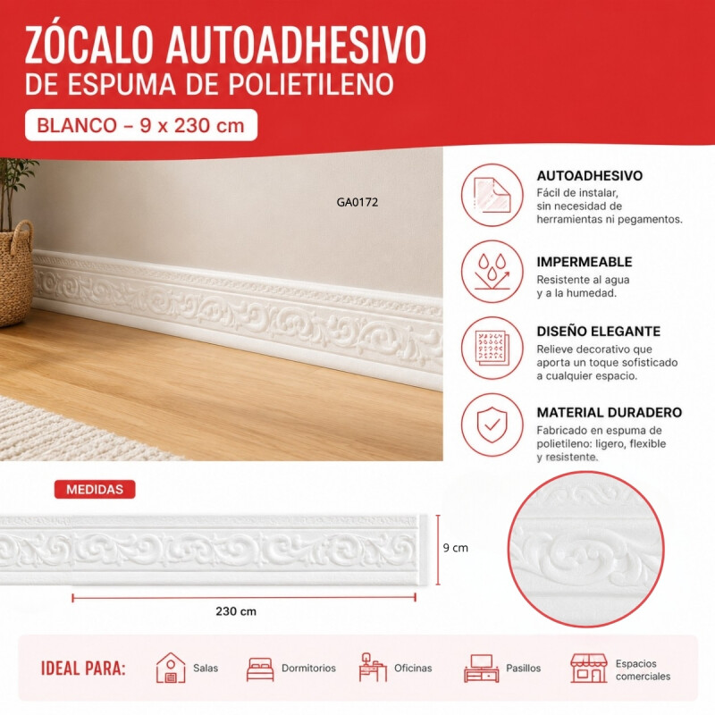Zócalo Autoadhesivo de Espuma de Polietileno 9 x 230 cm BLANCO