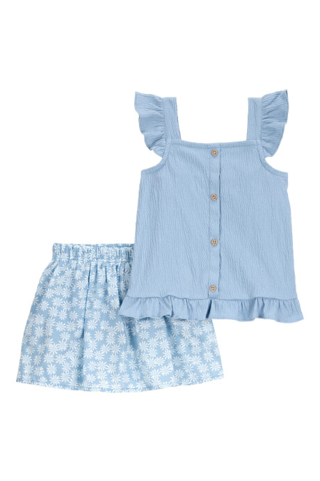 Set dos piezas, short pollera de algodón y blusa de jersey arrugado, azul Sin color