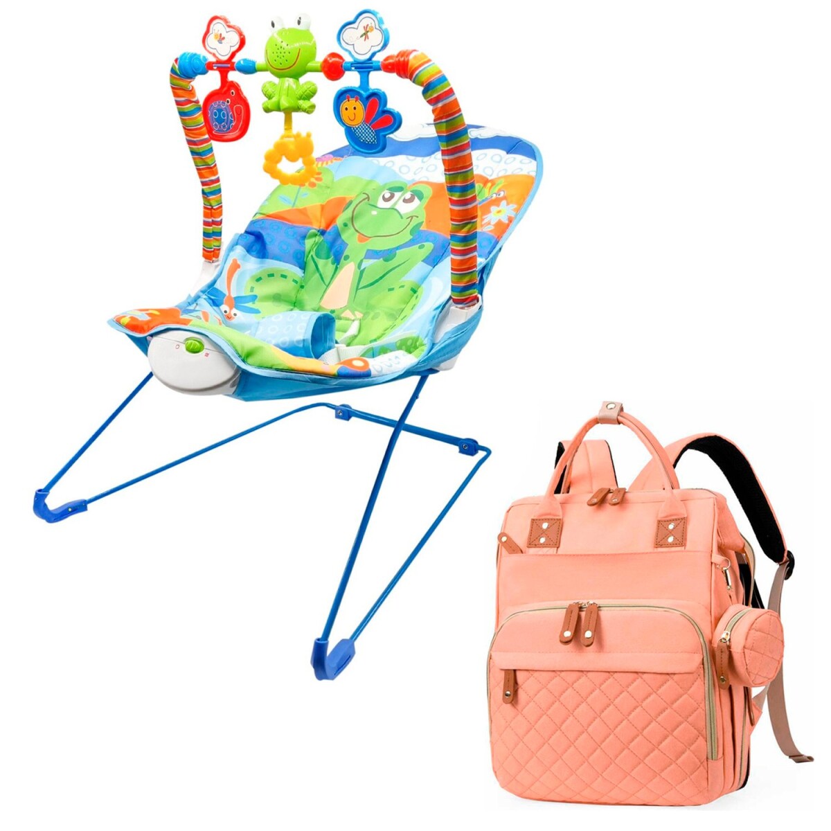 Silla Mecedora Bouncer Bebé + Mochila Maternal Impermeable - Variante Color Celeste Salmon 