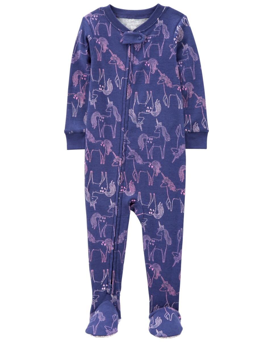 Pijama uno pieza de algodón, con pie, violeta, diseño unicornios. Talles 2-5T 