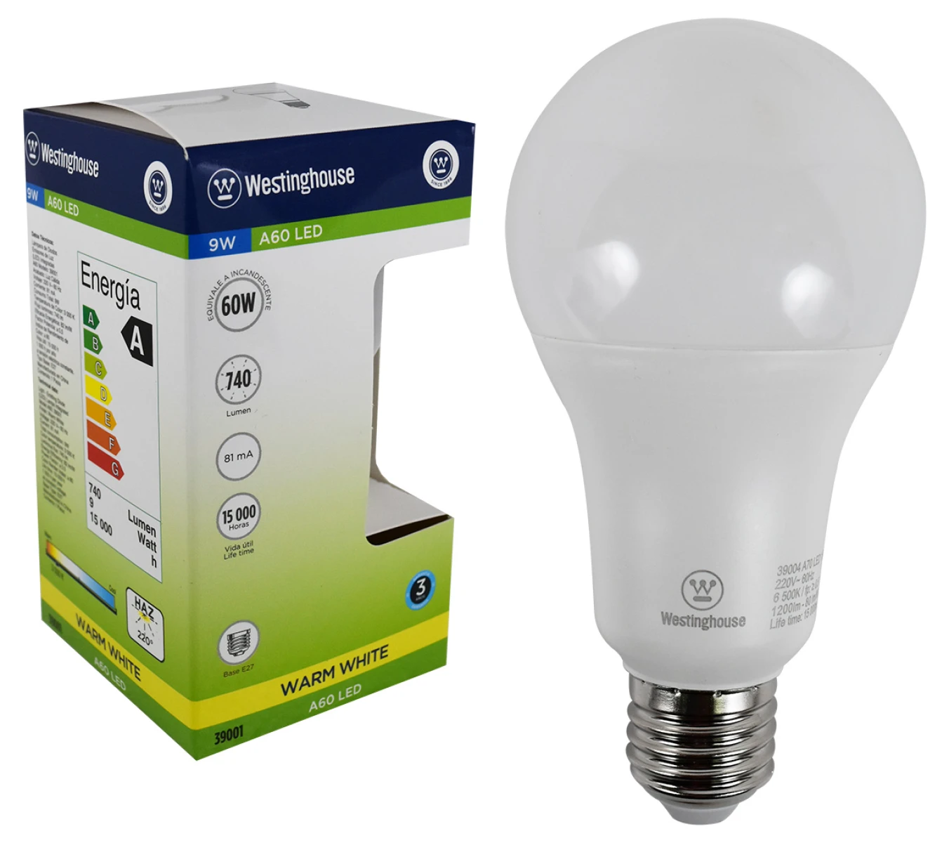 LAMPARA LED WESTINGHOUSE 9 W E27 A60 CALIDA 