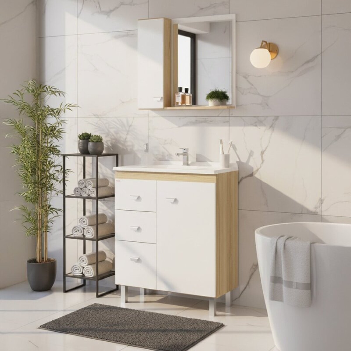 Conjunto de Baño Completo Elisa (56cm) | Mueble de Pie con 3 Cajones, Bacha y Espejo 