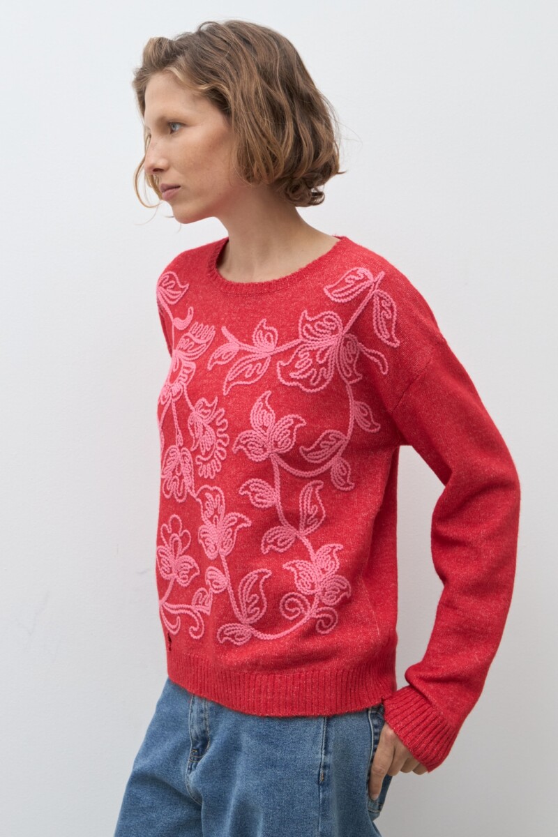 Sweater bordado floral rojo
