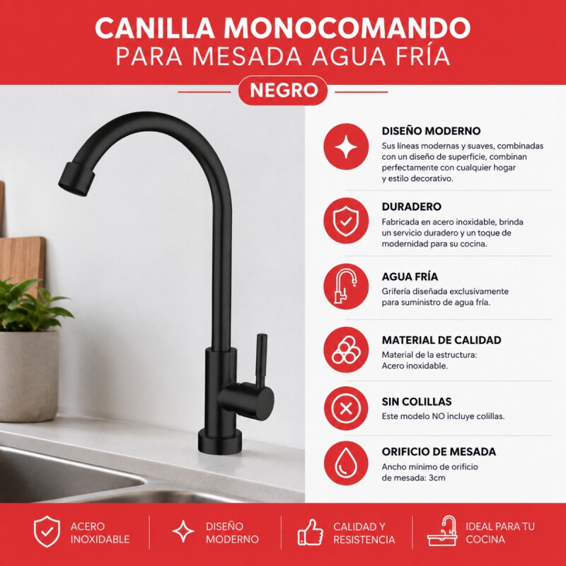Canilla monocomando para mesada agua fría NEGRO