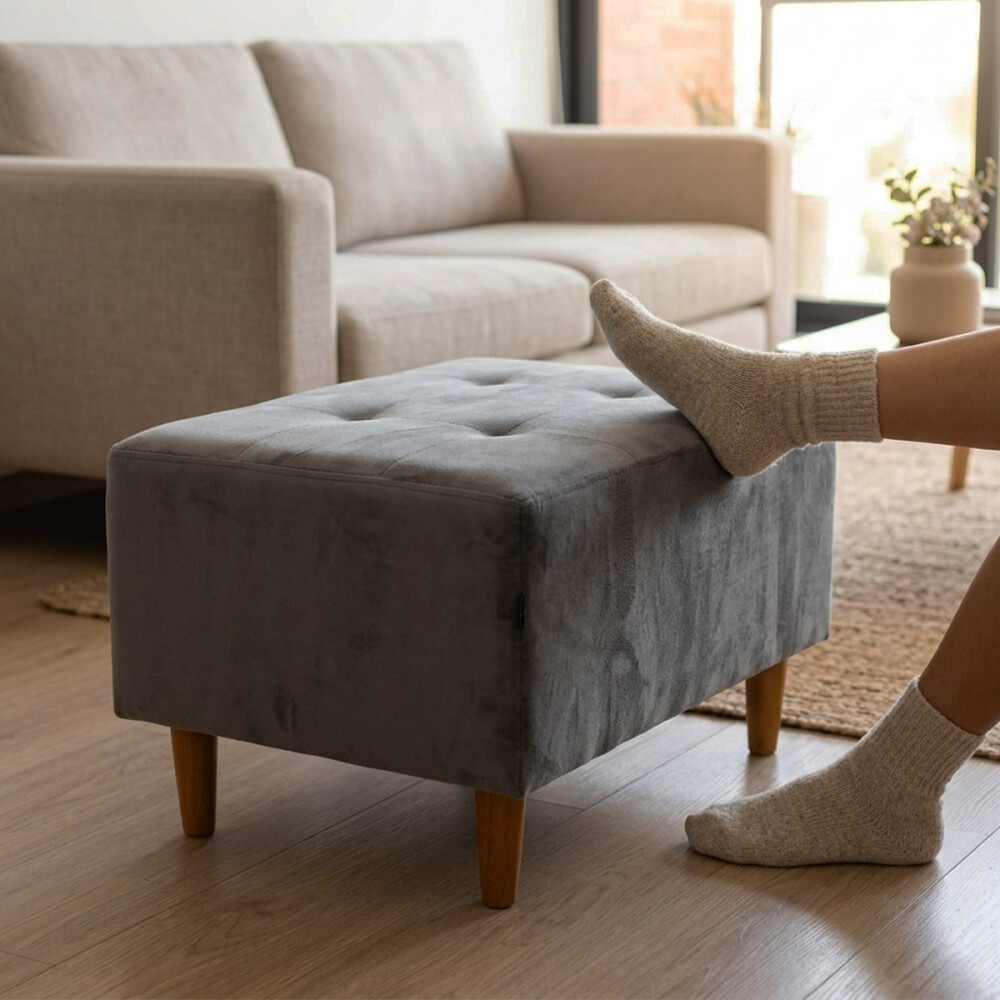 Puff tela y patas de madera Gris oscuro