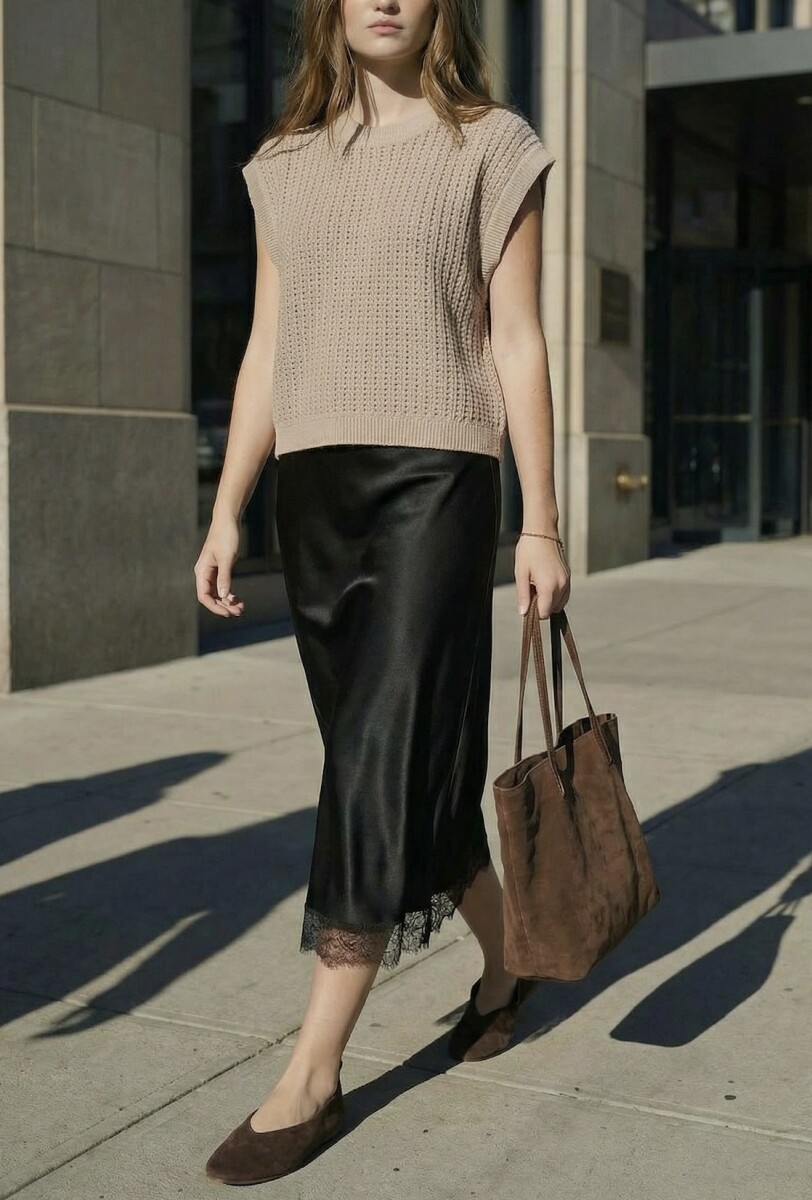 Falda Midi Satinada - Negro 