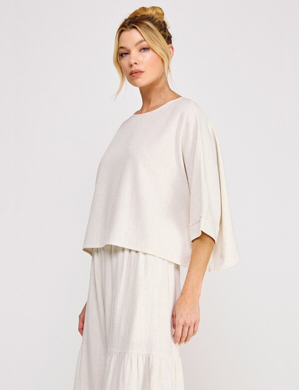 Blusa Crop De Lino Manga Kimono BEIGE CLARO