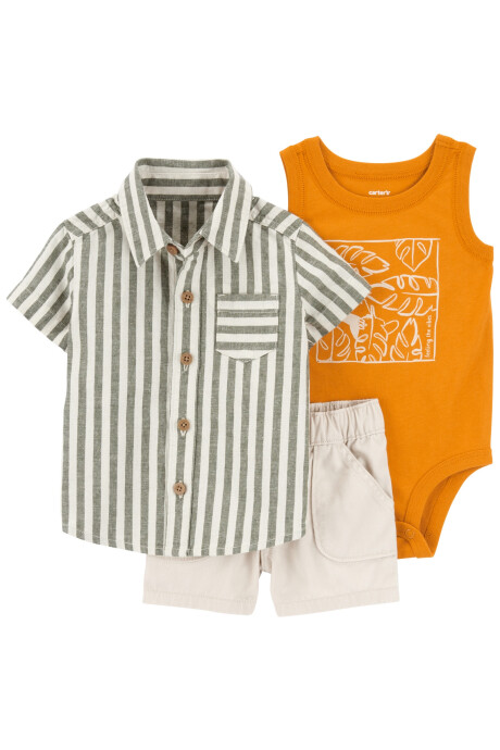 Set tres piezas, short y body de algodón con camisa de lino Sin color