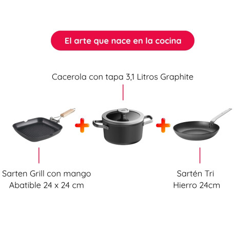 Batería de Cocina: Sartén Grill Sartén Tricapa 24 cm y Cacerola Graphite Batería de Cocina: Sartén Grill Sartén Tricapa 24 cm y Cacerola Graphite