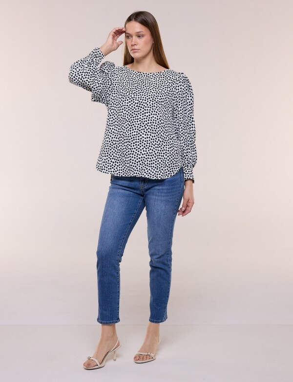 Blusa Manga Larga Abullonada Con Puño Ancho BLANCO/NEGRO