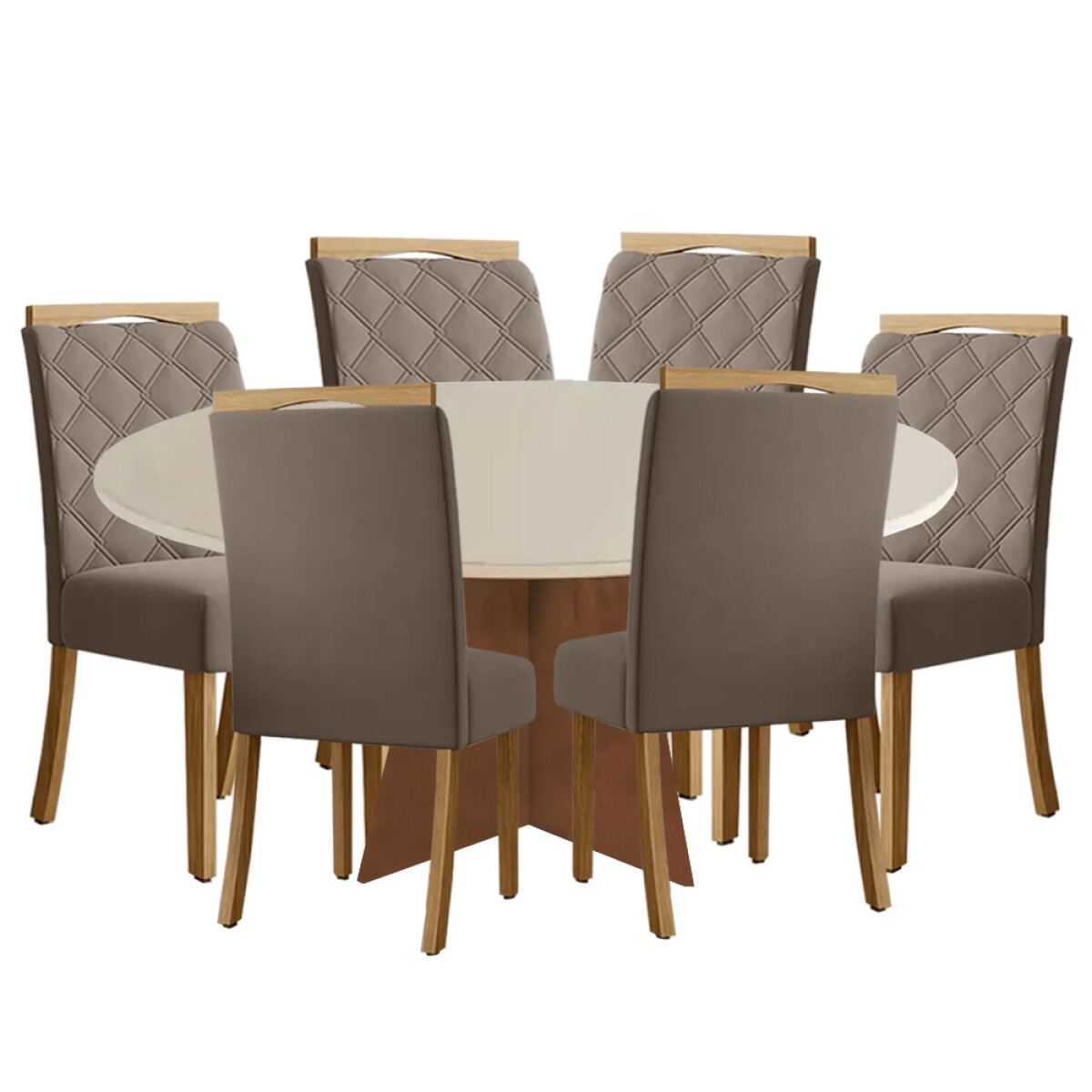 JUEGO DE COMEDOR MESA CON TAPA REDONDA EN MADERA MACIZA Y 6 SILLAS TAPIZADAS 