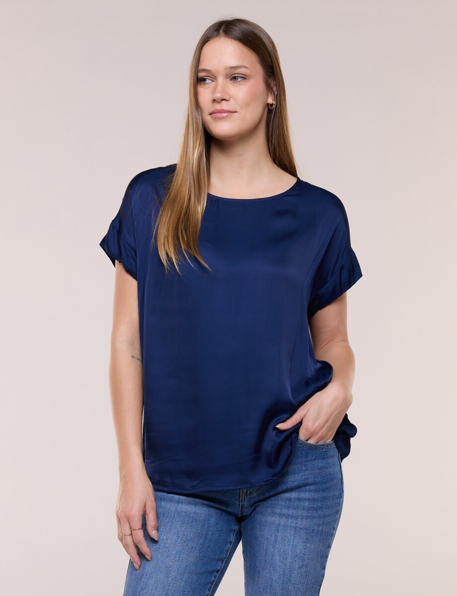Blusa Saten Manga Corta - Azul 