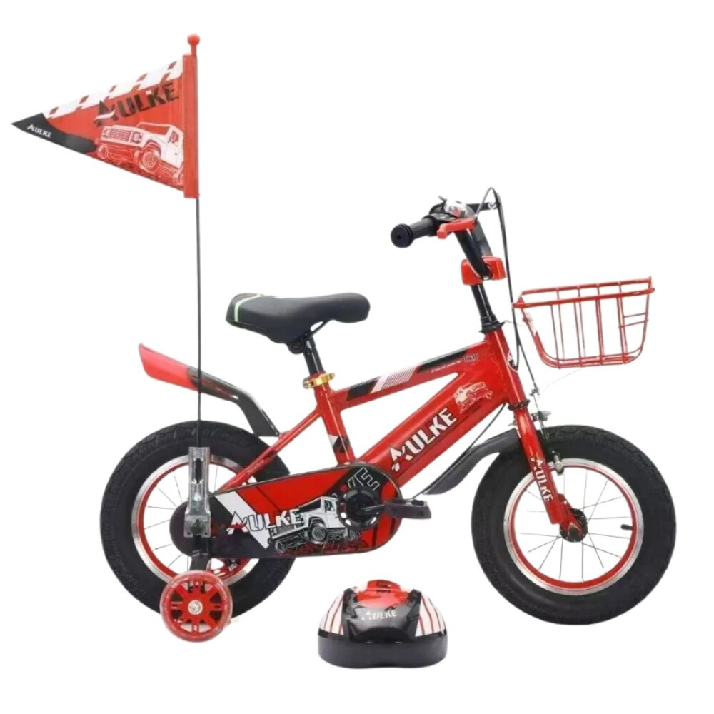 Bicicleta Rodado 12 Con Banderita, Rueditas Y Casco ROJO