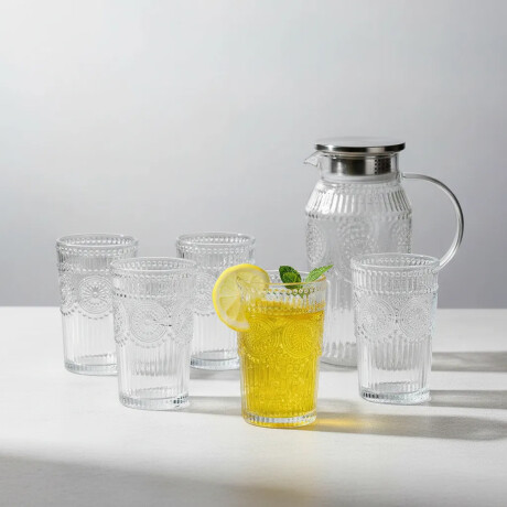Set Jarra Vidrio + 6 Vasos Labrados Vintage Transparente