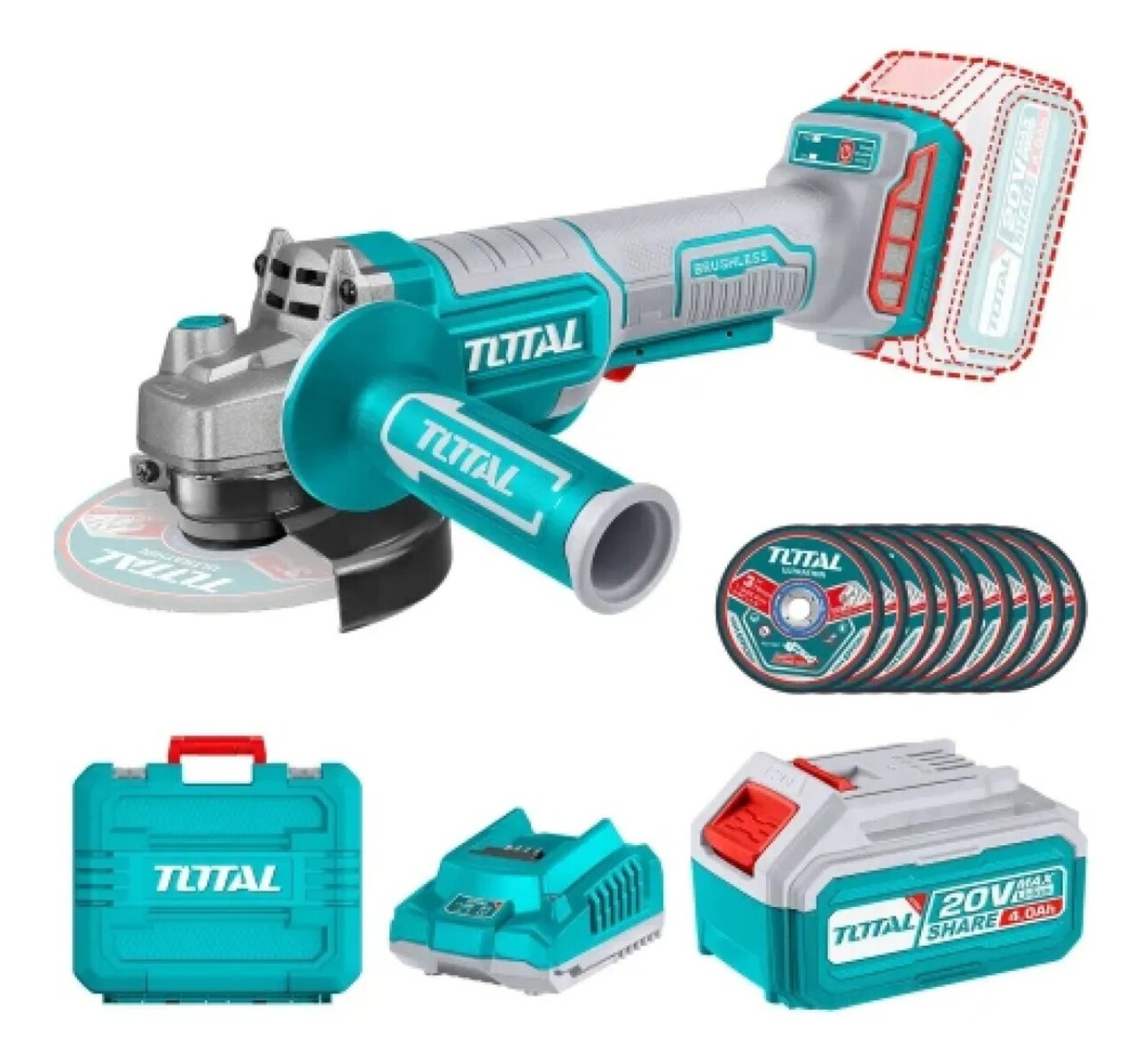 Kit Amoladora Angular Brushless Total 20V con Batería 4.0Ah 