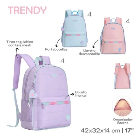 Mochila Trendy Escolar con porta botellas y llavero Lila
