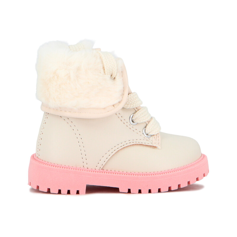 Molekinha Bota Acordonada Con Pliege De Peluche Blanco-rosa Claro