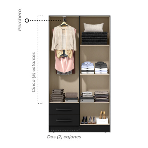 Ropero Negro 4 puertas 2 cajones con estantes y perchero 172x90x35 cm Interior Natural Ropero Negro 4 puertas 2 cajones con estantes y perchero 172x90x35 cm Interior Natural