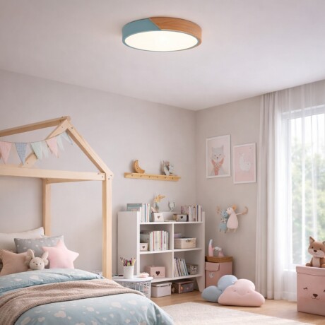 Plafón Led circular en madera y aluminio 30cm Celeste agua