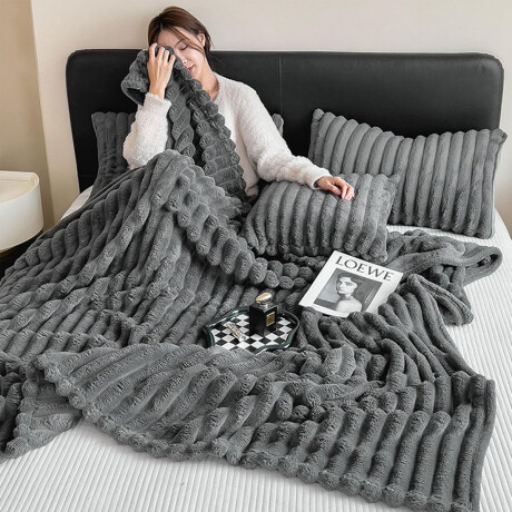 Manta Frazada Polar 2 Plazas Acanalada Suave para Cama Sofá Gris Oscuro