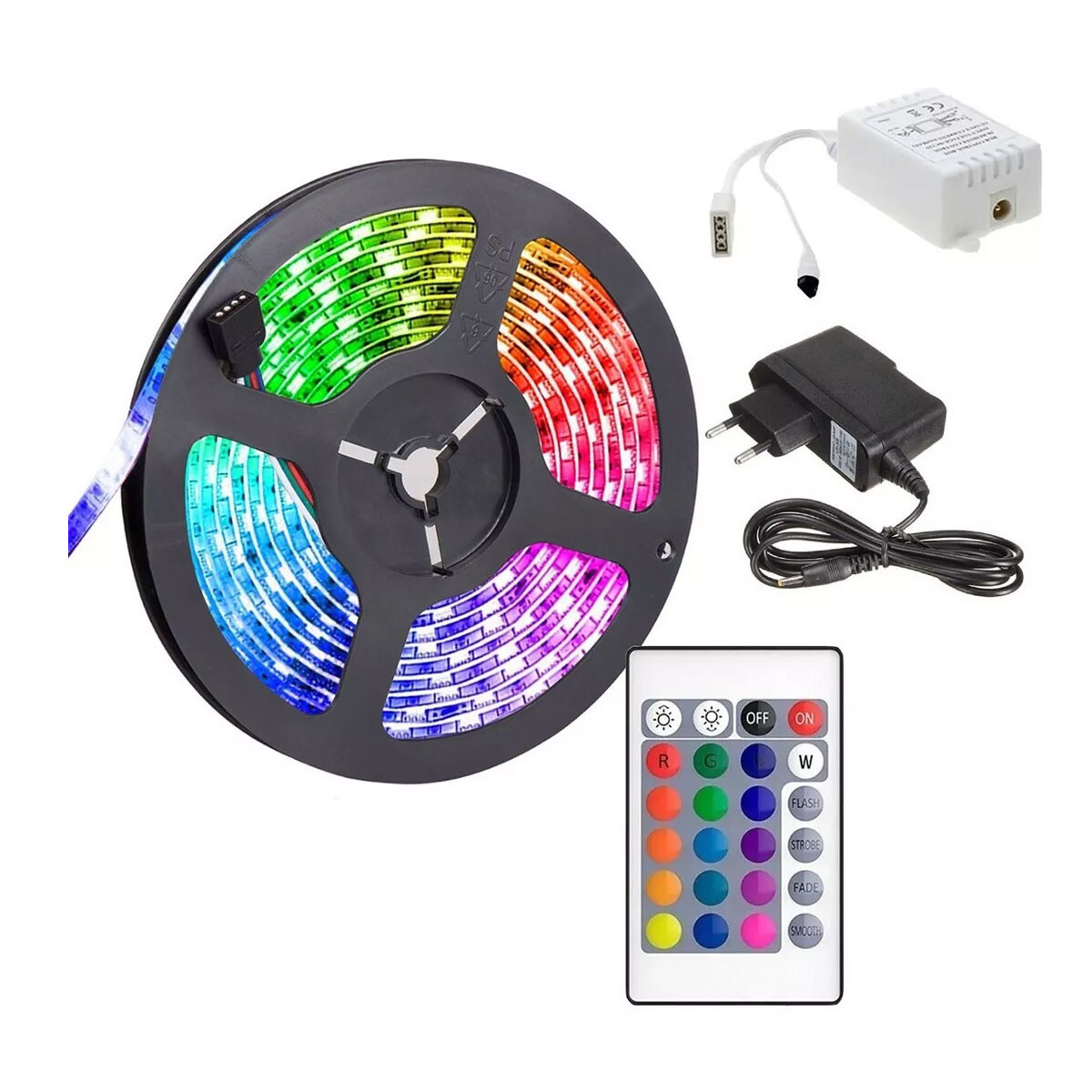 Kit Completo Cinta Tira Led Rgb 5m Con Transformador + Control 