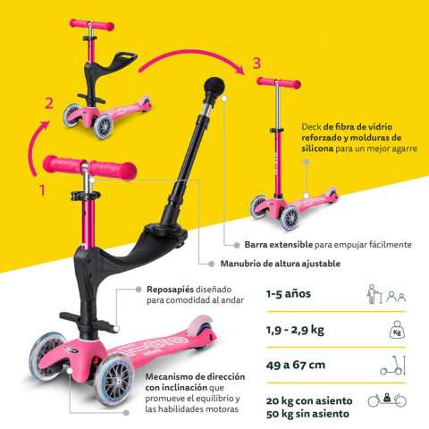 Monopatín 3 en 1 Micro Deluxe LED Ajustable con 3 Ruedas ROSA