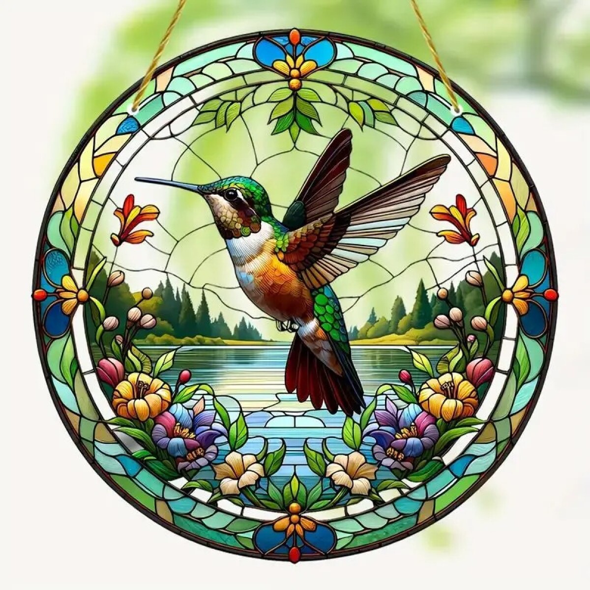 Cuadro Redondo Estilo Vitral - Colibrí Sobre Lago 
