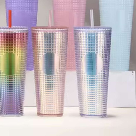 Vaso plástico diseño tornasol con tapa y sorbete – 720ml Rosado