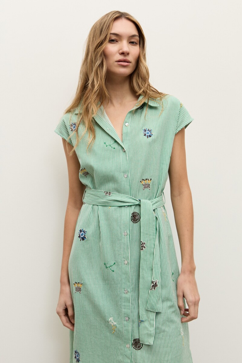 Vestido rayado con bordado verde