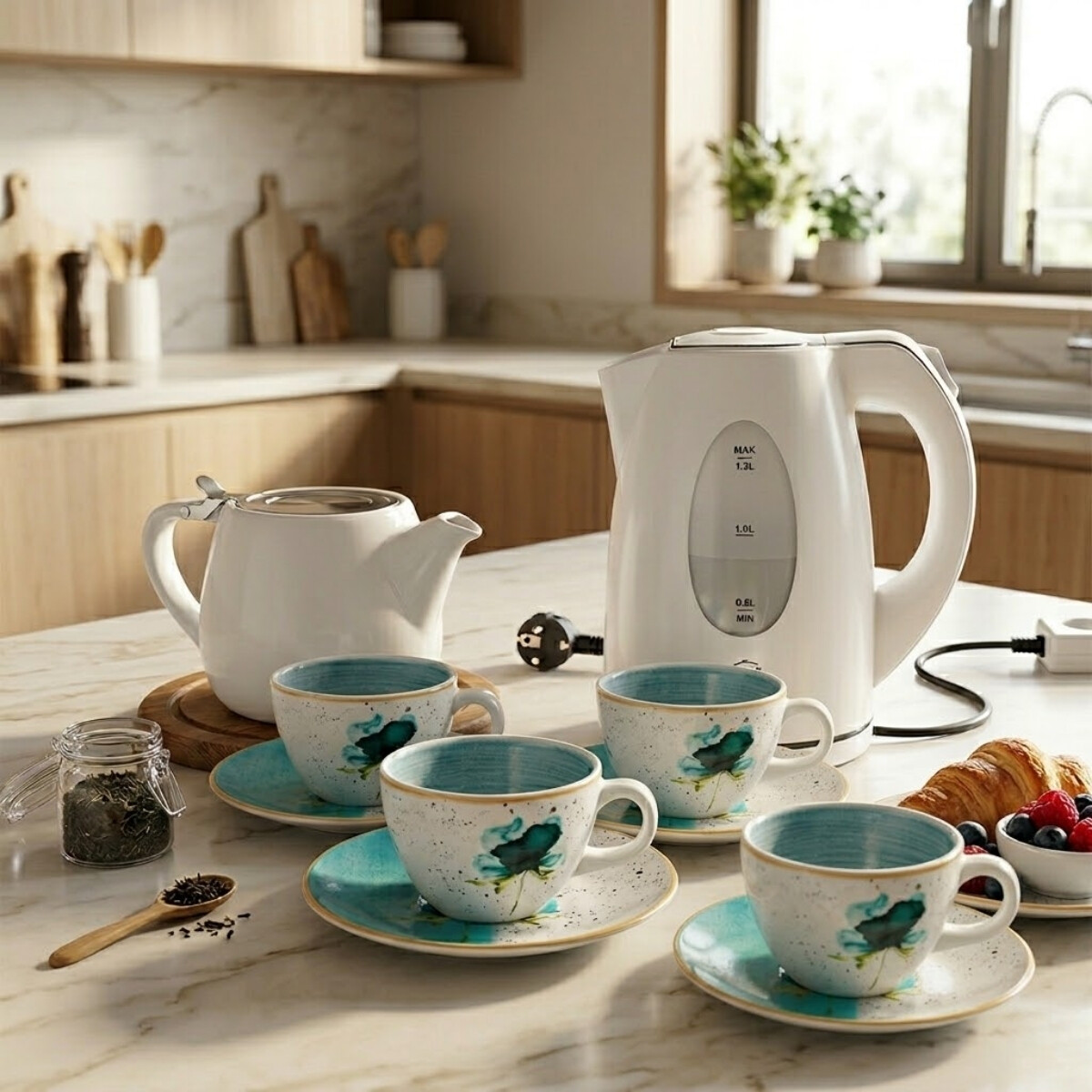 Kit Juego de Té Blanco con Tetera de Cerámica, Jarra Eléctrica Lacor y Set de Té 8 Piezas 