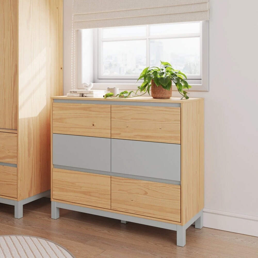 Cómoda 6 Cajones - Madera Maciza Pino/Gris - Square Cómoda 6 Cajones - Madera Maciza Pino/Gris - Square