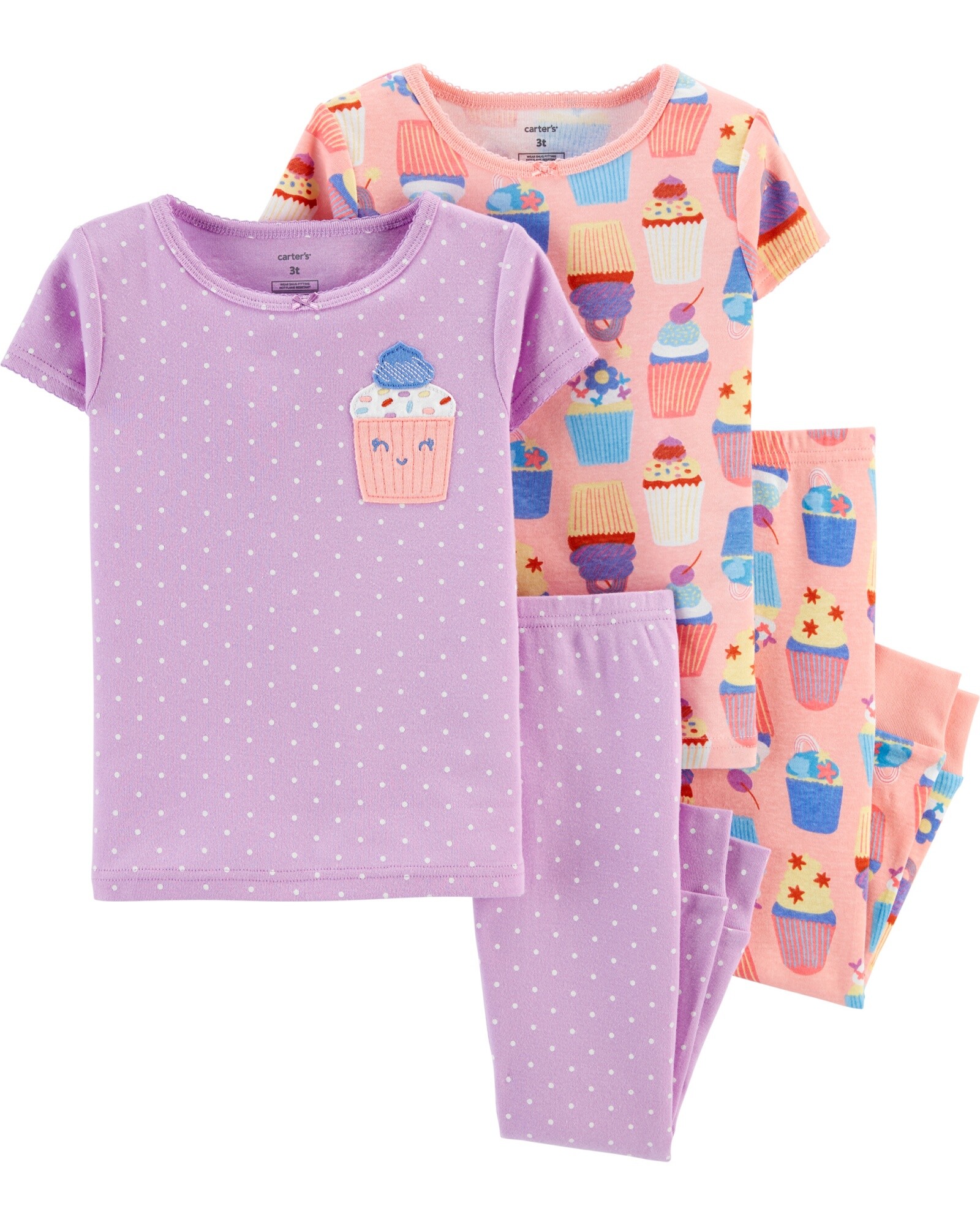 Pijama cuatro piezas dos remeras manga corta y dos pantalones cupcakes algodón Sin color