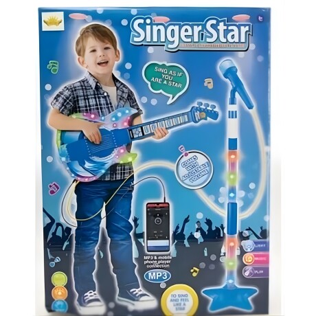 Micrófono Infantil con pie, guitarra con luz y sonido MP3 3AA Azul