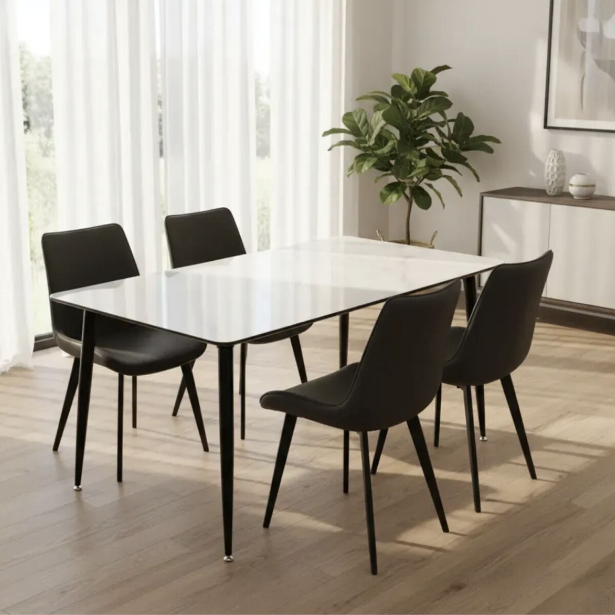 Juego de comedor mesa mármol + 4 sillas en ecocuero - Blanco marmol 