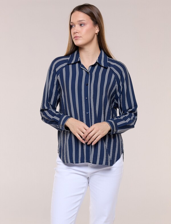 Camisa Rayada De Crepe Con Manga Raglán AZUL/BLANCO