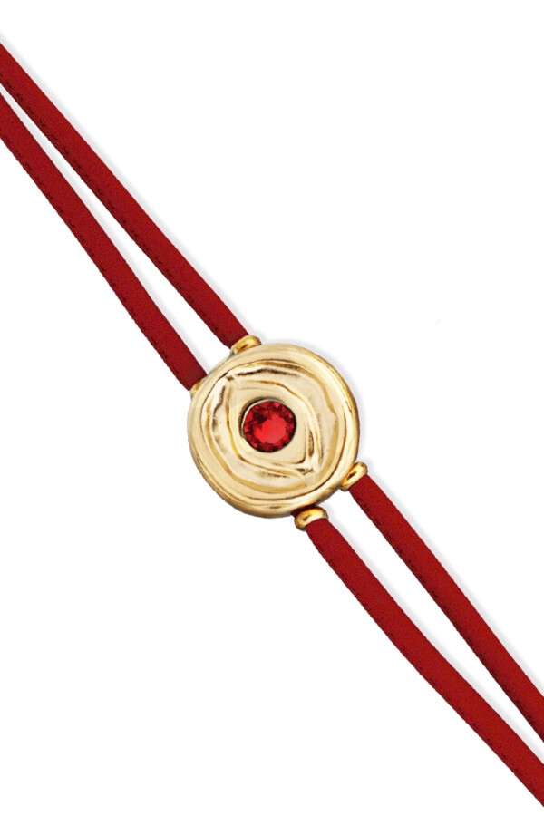 PULSERA DE CUERO DOBLE ROJA CON DETALLE DE OJO EN ALEACIÓN DE METALES BAÑADO EN ORO 18K Y CRISTAL Pulsera