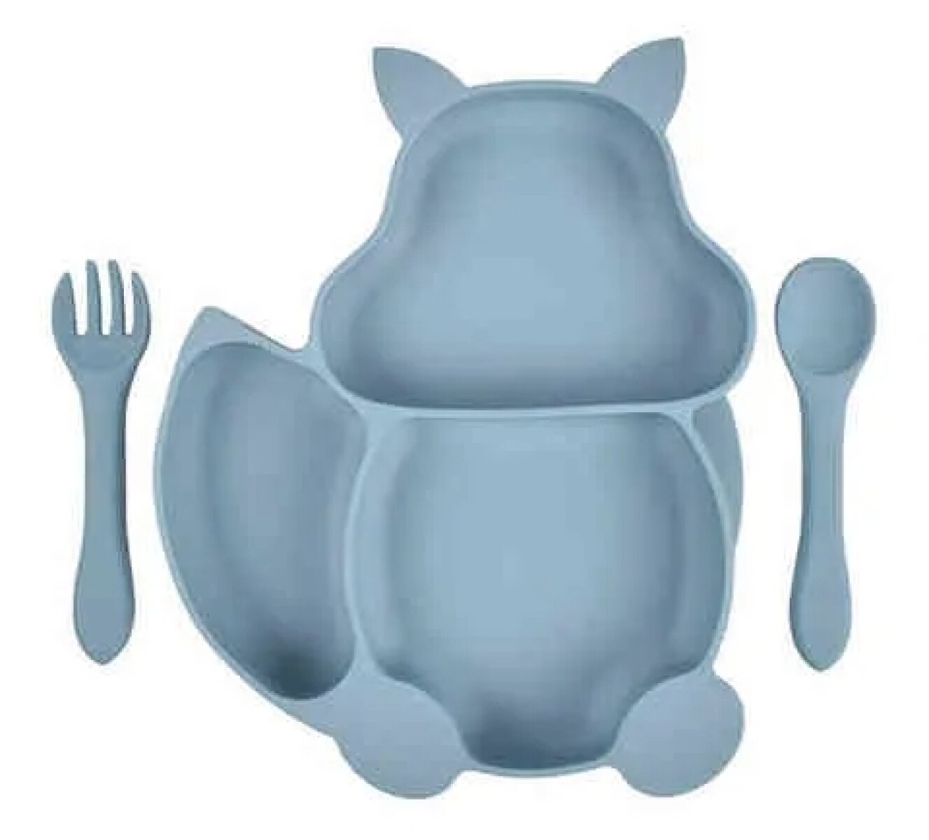 Set plato silicona ardilla con ventosa + cubiertos - Celeste 