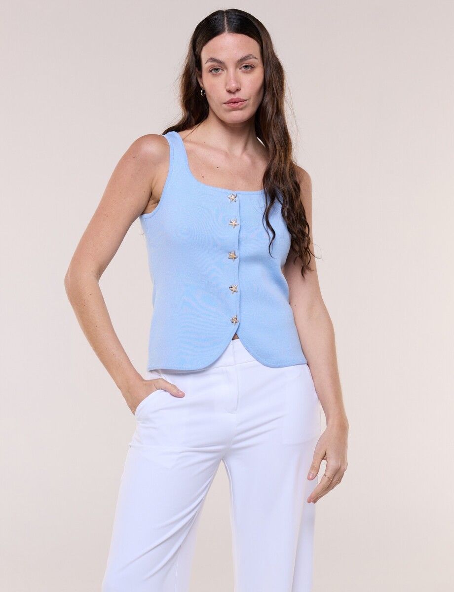 Blusa Tejida Botones Dorados De Estrella De Mar - Celeste 