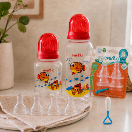 Set Evenflo X2 Mamaderas 120/240ml + Pack X4 tetinas cepillo Rojo