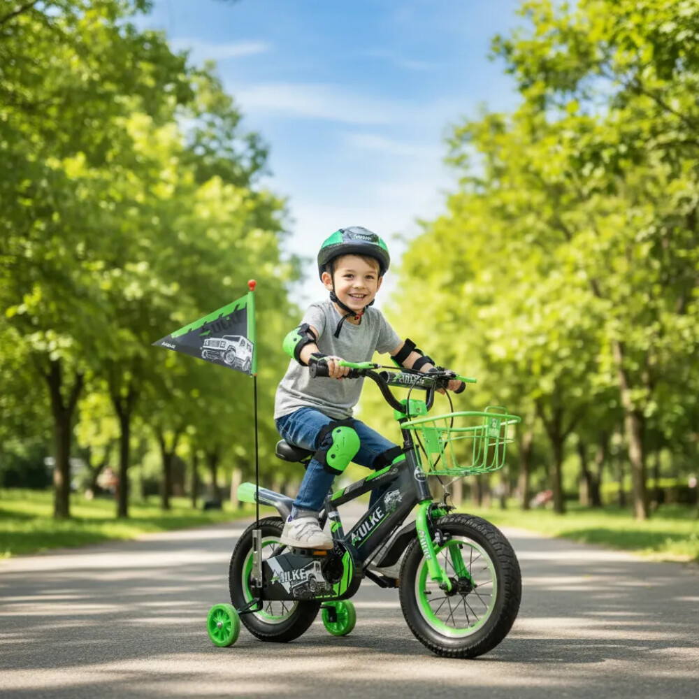 Bicicleta rodado 16 con rueditas, canasto, casco y banderita Verde