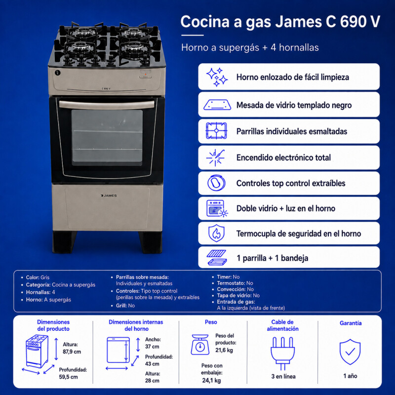 Cocina A Gas James 4 Hornallas Con Mesada De Vidrio Gris C 690 V Cocina A Gas James 4 Hornallas Con Mesada De Vidrio Gris C 690 V