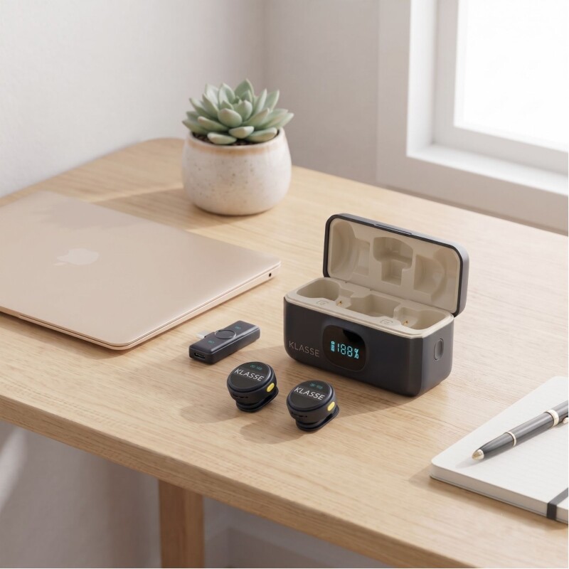 Set x2 Micrófonos Solapero Klasse con Estuche de Carga | USB-C + Lightning | Corbatero Set x2 Micrófonos Solapero Klasse con Estuche de Carga | USB-C + Lightning | Corbatero