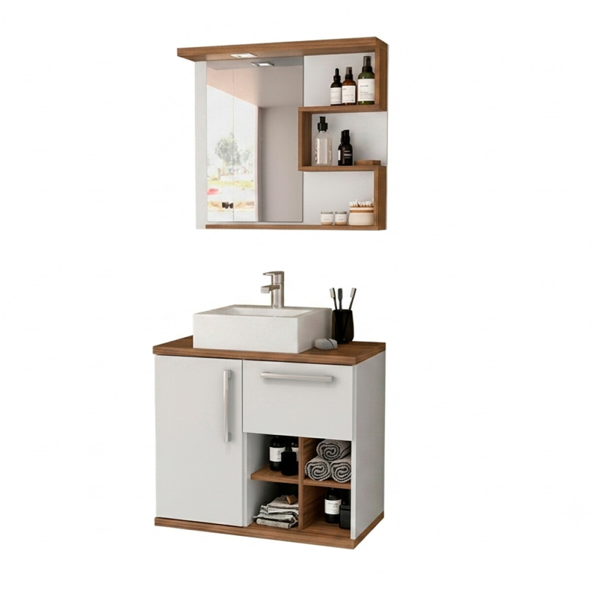 Conjunto Mueble De Baño Modelo Veneza Blanco Con Nogal / Mueble De Colgar + Espejo + Bacha / 70cm 