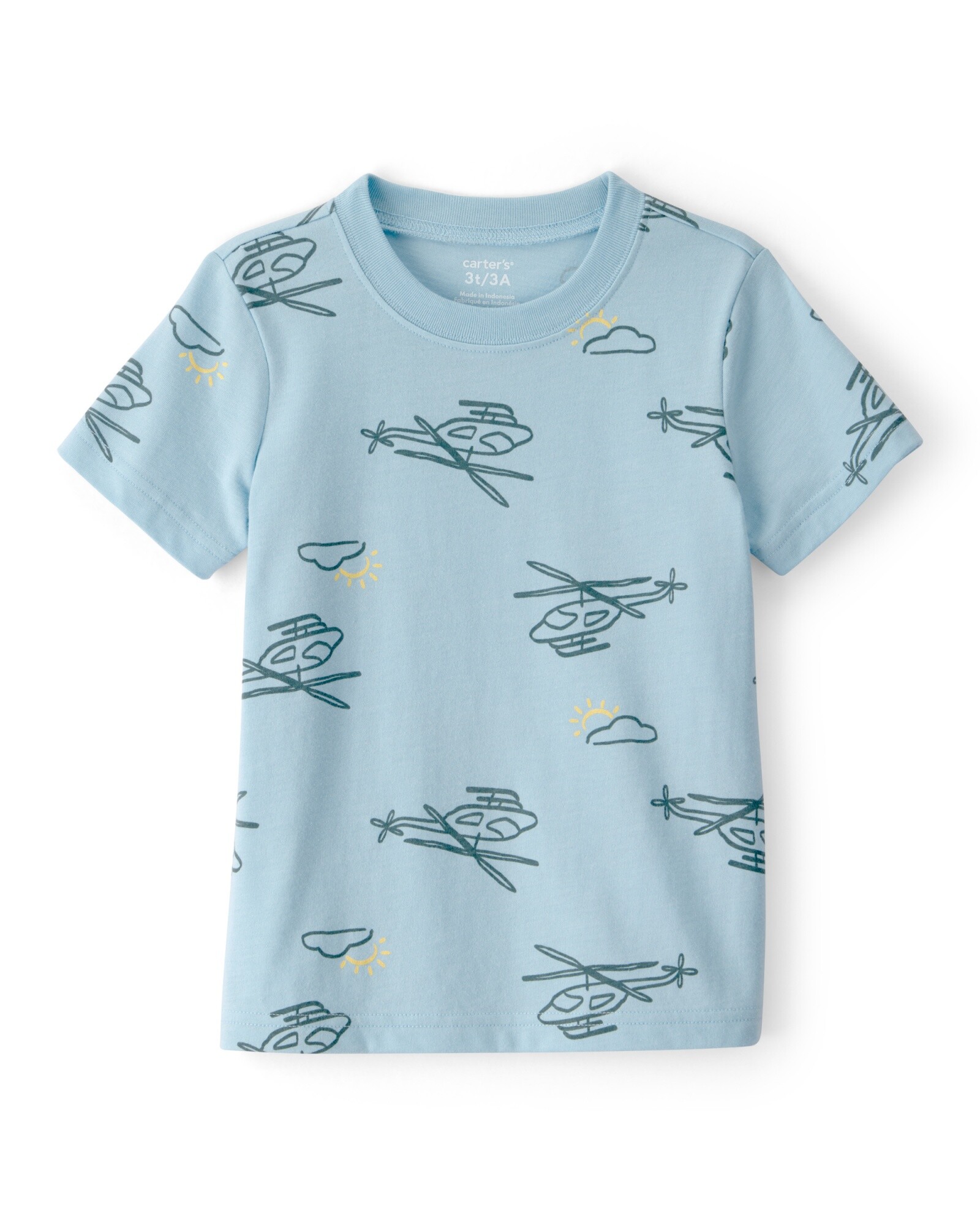 Remera de algodón, manga corta, azul, diseño helicópteros Sin color