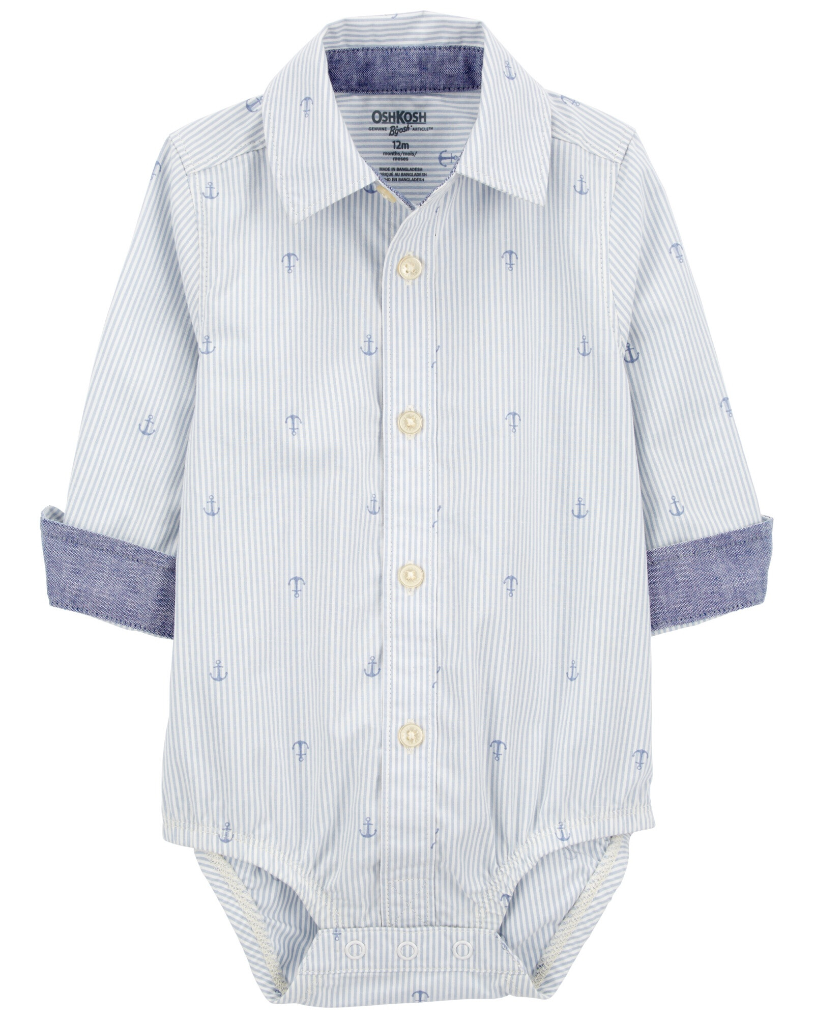 Body tipo camisa de algodón con puños plegables y diseño anclas Body tipo camisa de algodón con puños plegables y diseño anclas