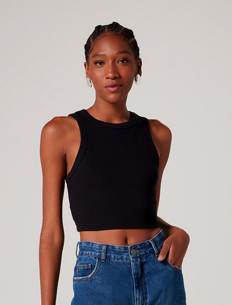 TOP MANGA CORTA EN TELA ACANALADA NEGRO