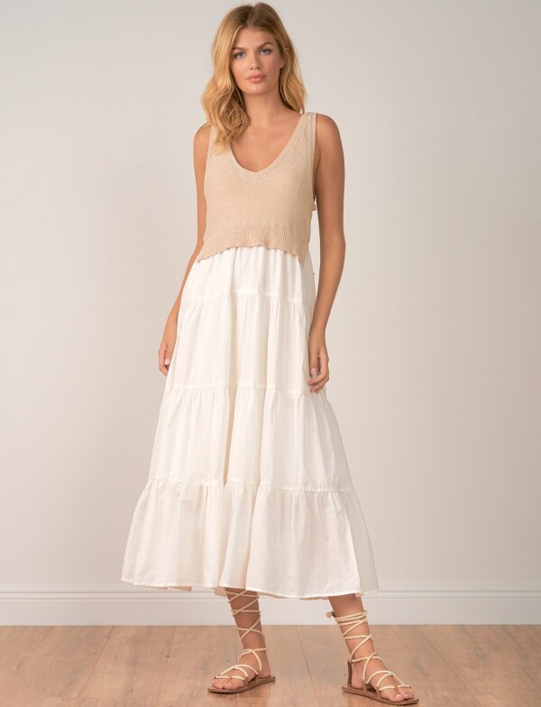 Vestido Midi Combinado Tejido Y Falda Escalonada BEIGE