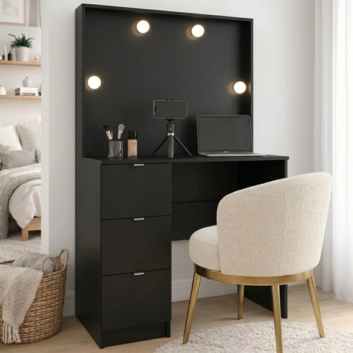 Tocador de Maquillaje Vanity 3 Cajones Para Personalizar y Porta Lámparas (Sin espejo) - Negro 